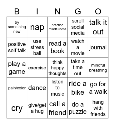 Coping Skills Bingo Card