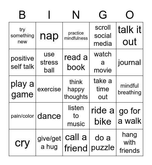 Coping Skills Bingo Card