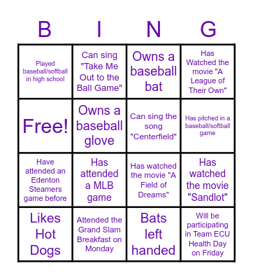 ECU Health Baseball Bingo Card