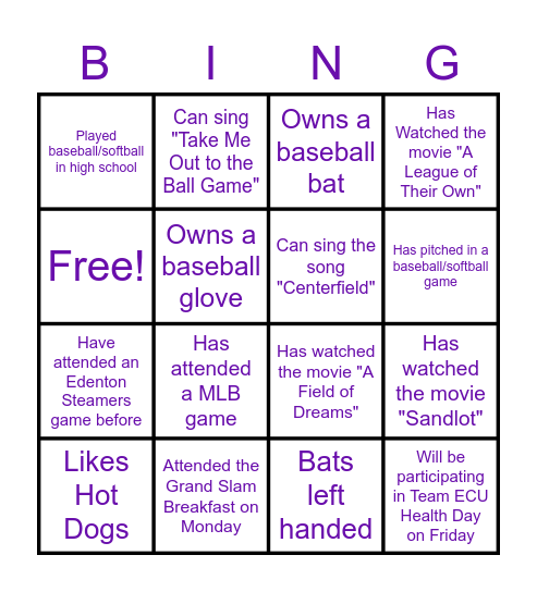 ECU Health Baseball Bingo Card