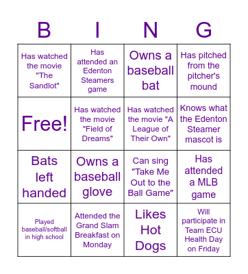 ECU Health Baseball Bingo Card