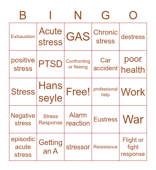 Stress Vocab Bingo Card