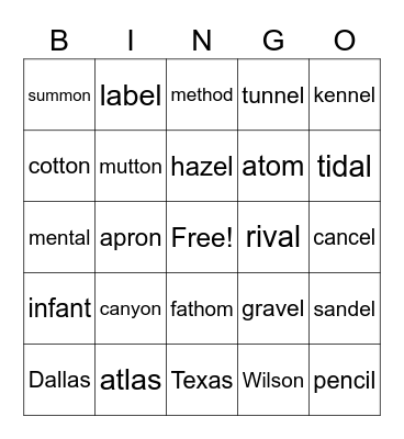 SCHWA Bingo Card