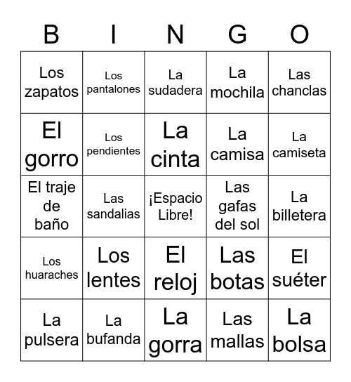 La Ropa Bingo Card