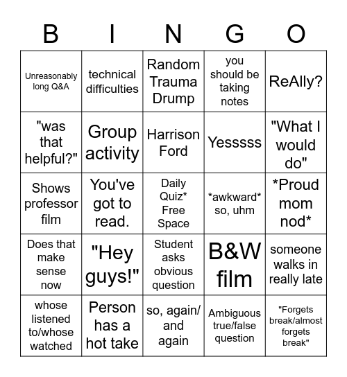 Screen Writing Bingo Card