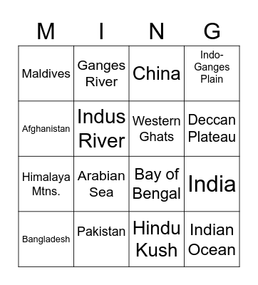 South Asia Mingo Bingo Card