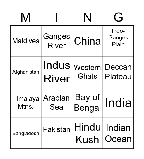 South Asia Mingo Bingo Card