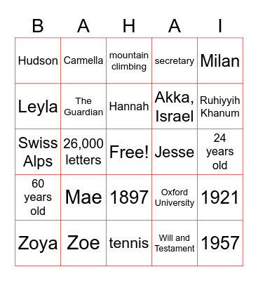 Shoghi Effenci Bingo Card