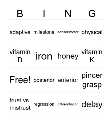 Infant Development Bingo Card