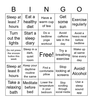Sleep Health Bingo Card