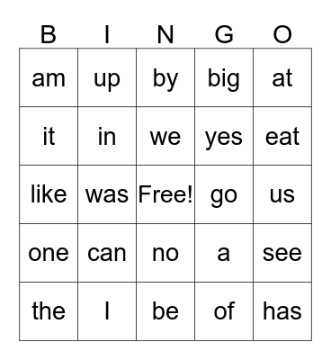 Sight Words Bingo Card