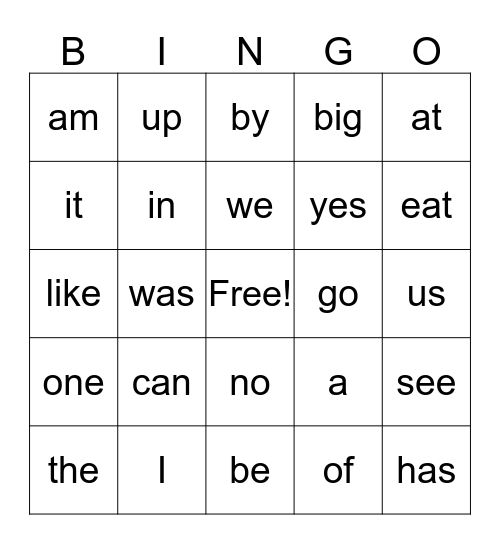 Sight Words Bingo Card