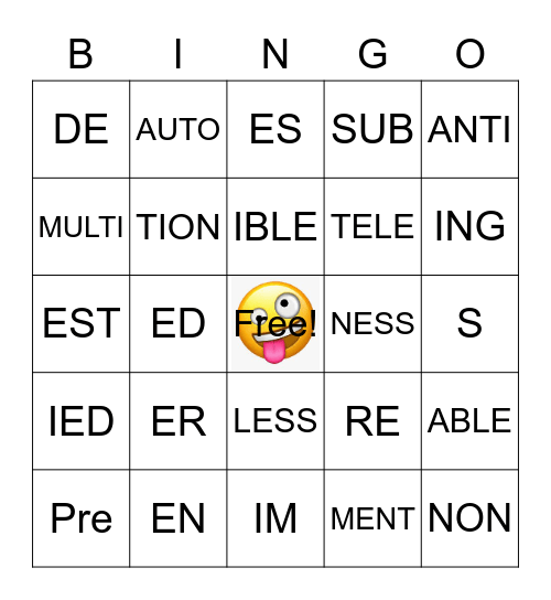 Prefix/Suffix Bingo Card