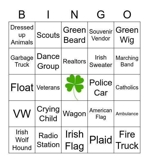 St. Patrick's Parade Bingo Card