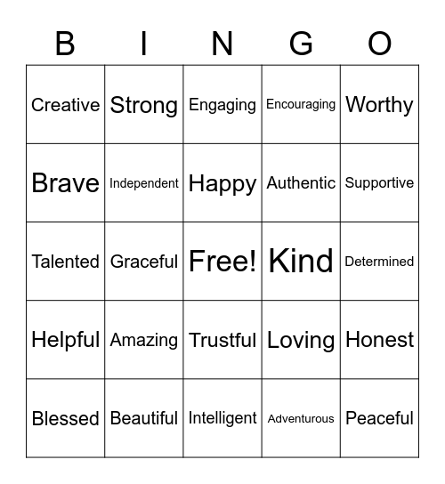 Self Esteem Bingo Card