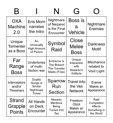 Root of Nightmares Speculation Bingo Card