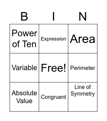 6th Grade Math Vocabulary Bingo Card