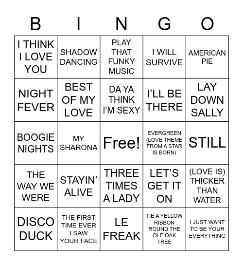 SONGS OF THE 70s Bingo Card