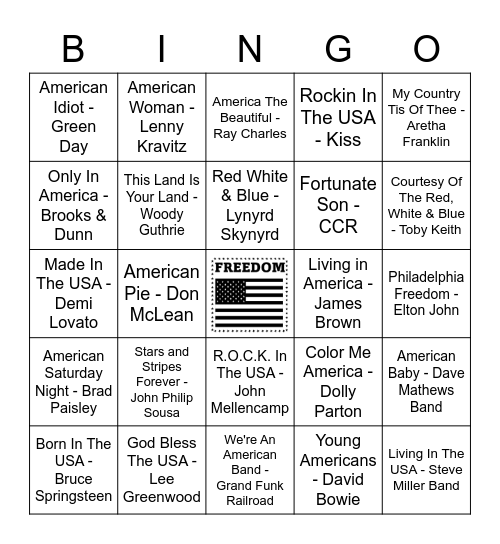 American Songs Bingo Card