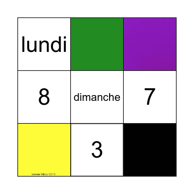 1/2 chiffres, couleurs, jours Bingo Card