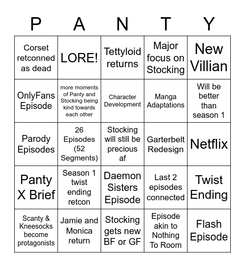 Panty & Stocking Season 2 Bingo Card