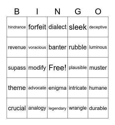 Vocabulary Bingo Card