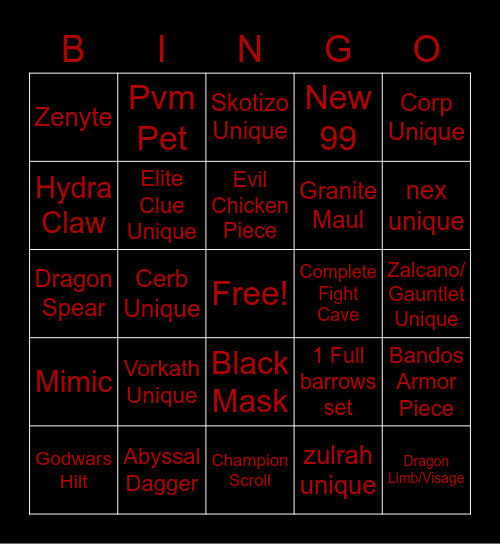 Dragon OSRS PvM Bingo Card