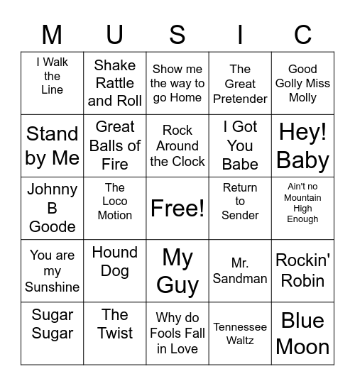 1950s and 1960's Music BINGO Card