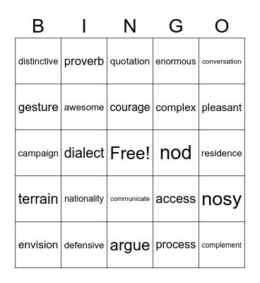 VOCABULARY Bingo Card