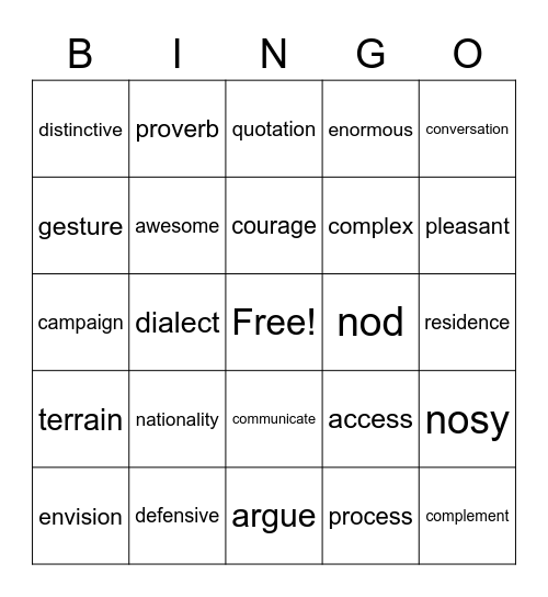 VOCABULARY Bingo Card