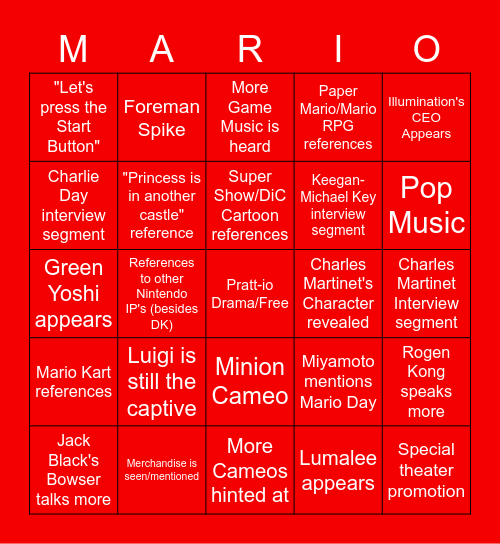 Final Mario Movie Direct Bingo Card