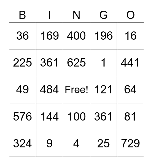 Perfect Squares Practice Bingo Card