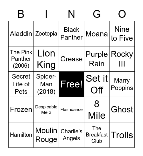 Name that Movie or Musical Bingo Card