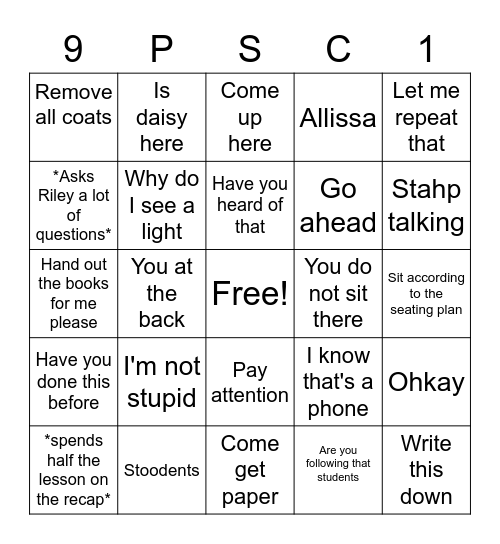 Miss Wright Bingo Card