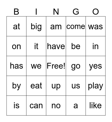 Sight Words Bingo Card