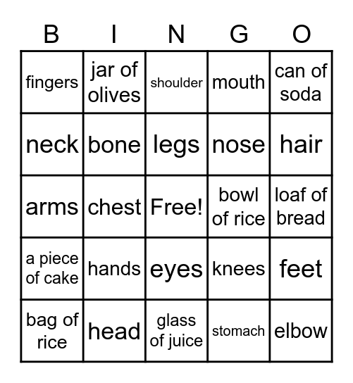 English Vocab Bingo Card