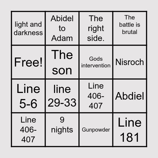 Paradise Lost Book 6 Bingo! Bingo Card