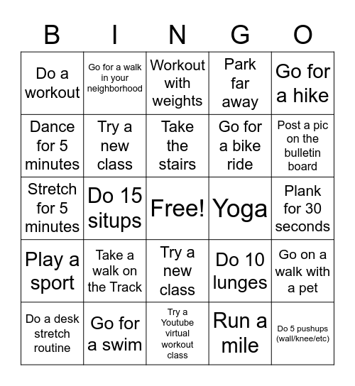 Health & Wellness Team Movement Challenge Bingo Card