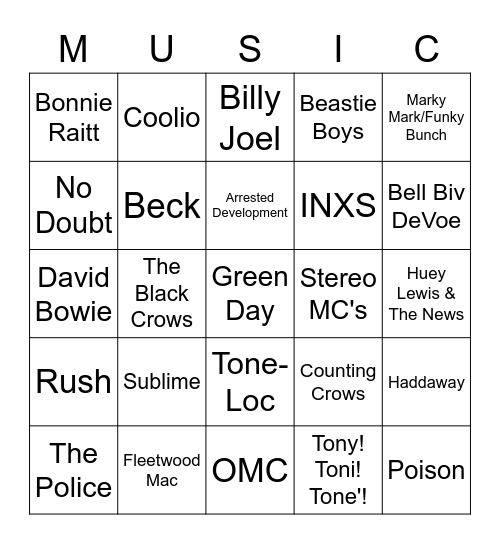 Music Bingo 55 (1980-1997) Bingo Card