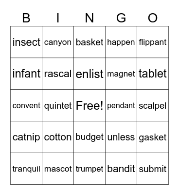 Rabbit Words Bingo Card