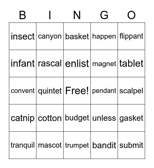 Rabbit Words Bingo Card