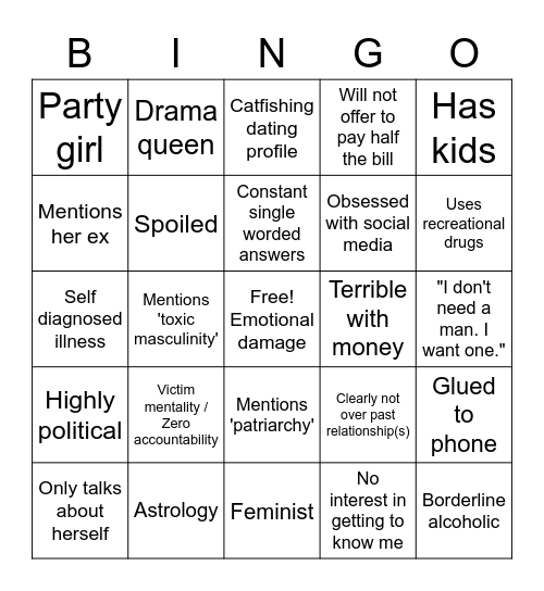 Dating Modern Women Bingo Card