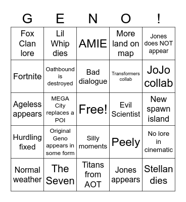 Fortnite MEGA Launch Bingo Card