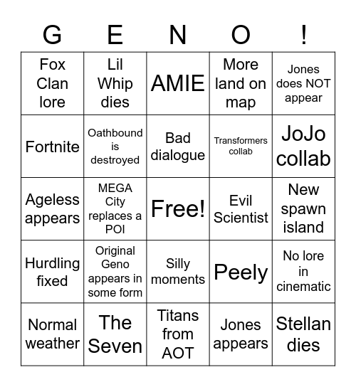 Fortnite MEGA Launch Bingo Card