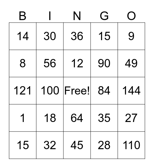 Math Facts Bingo Card