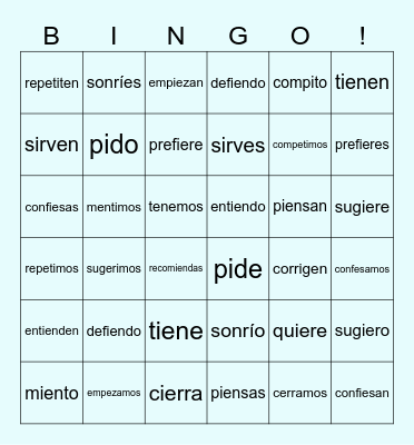 Stem-Changing Verbs Bingo Card