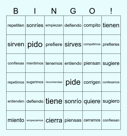 Stem-Changing Verbs Bingo Card