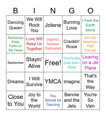 Musical Bingo: 70s Version Bingo Card