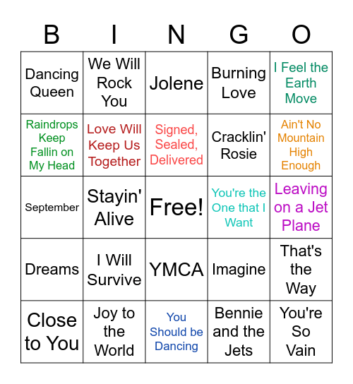 Musical Bingo: 70s Version Bingo Card