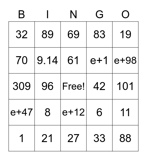 Number Bingo 1- e+8 Bingo Card